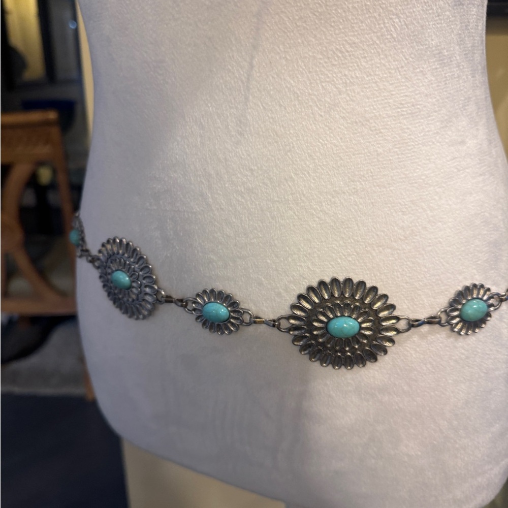 Western Silver and Turquoise Fashion Floral Belt Adjustable up to 52